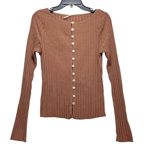 Free People Ribbed Button Down Long Sleeve Top Otter Brown XL - Picture 3 of 6